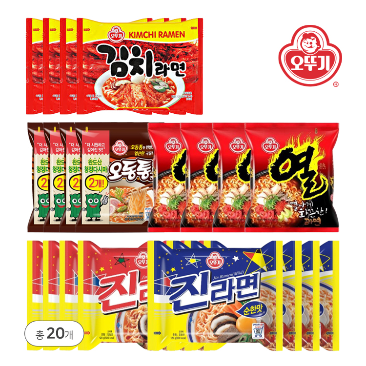 [오뚜기] 라면 20봉(김치 4+열라면 4+오동통면 4+진라면 매운 4+진라면 순한 4)