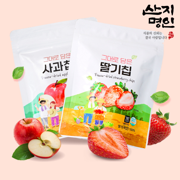 [산지명인] 원물 100% 동결건조 사과칩 & 딸기칩 4봉 우리아이 안심간식